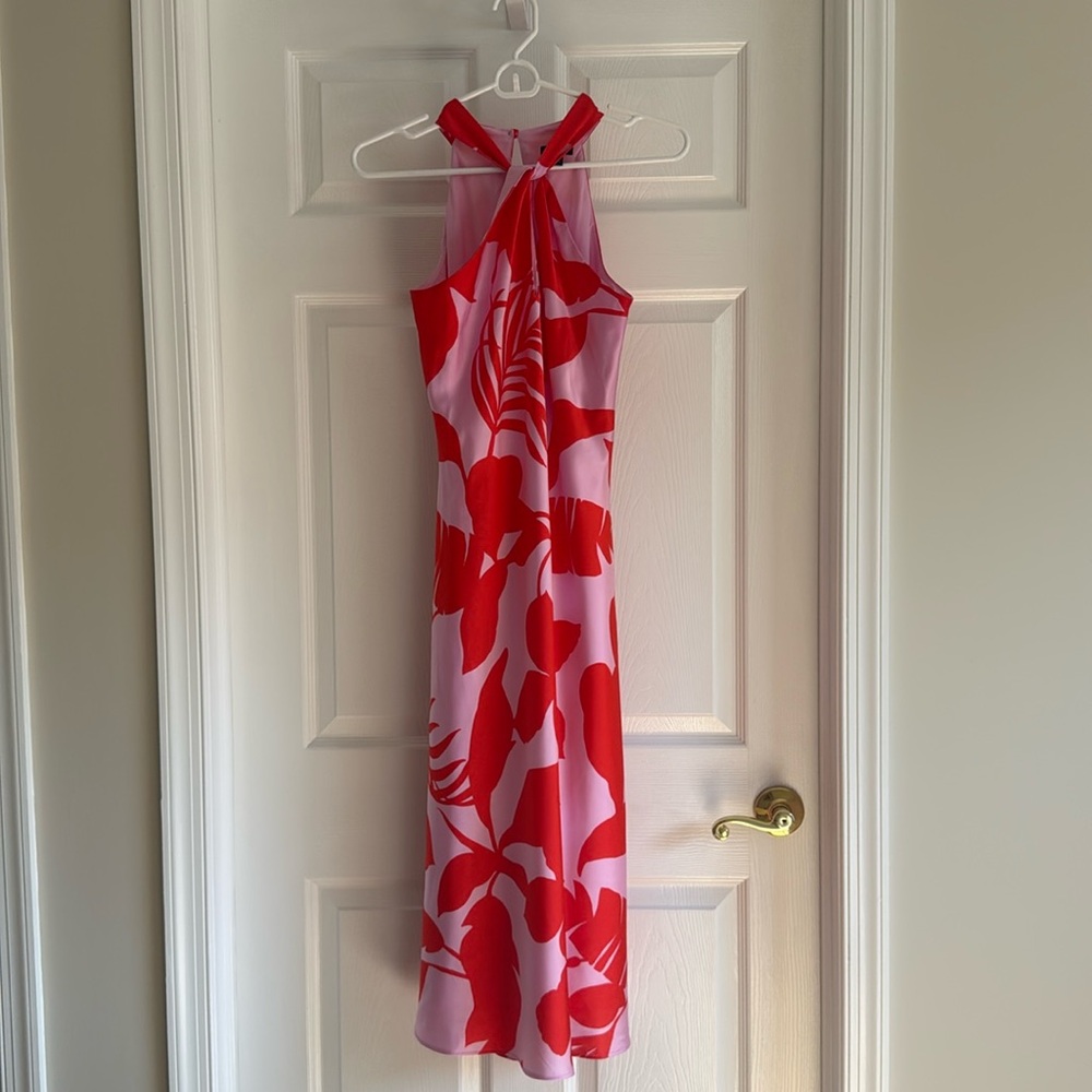 Ann Taylor Summer Red & Pink Halter Dress (Size 2P)